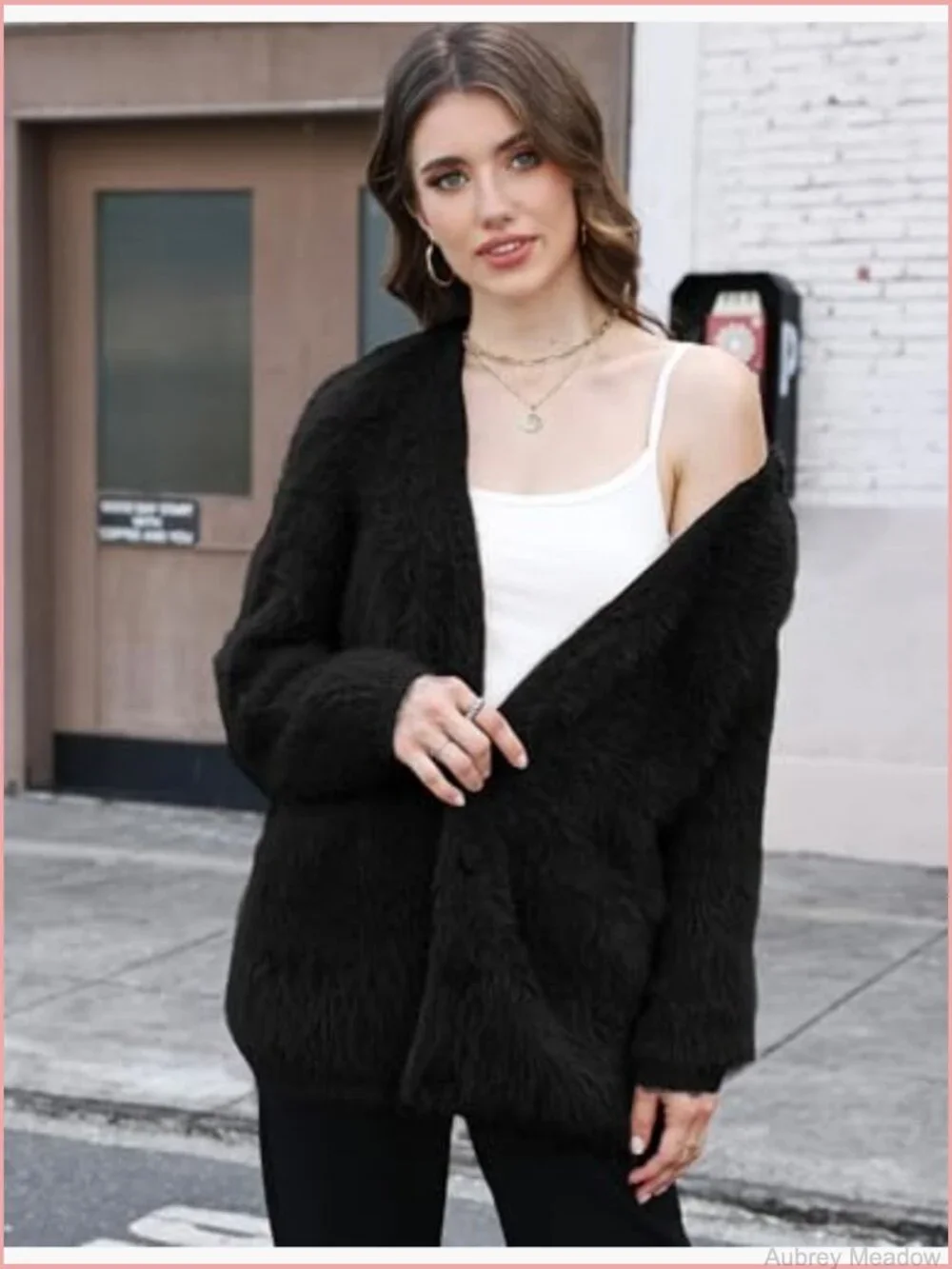 Fuzzy V-Neck Cardigan Sweater with Pockets Button Down Knit Coat